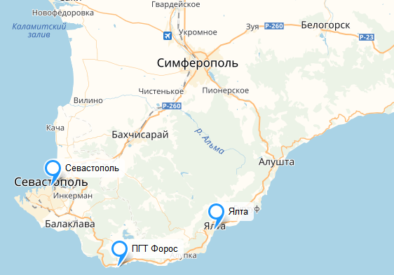 Крым: карта полуострова с городами и поселками